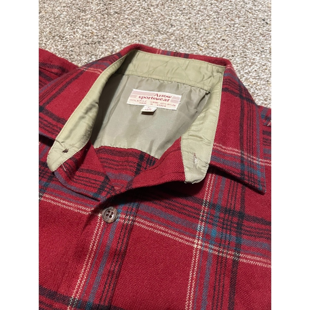 Arrow Sportswear Mens Red Plaid Flannel Shirt L Long Sleeve Vintage Quilted Yoke